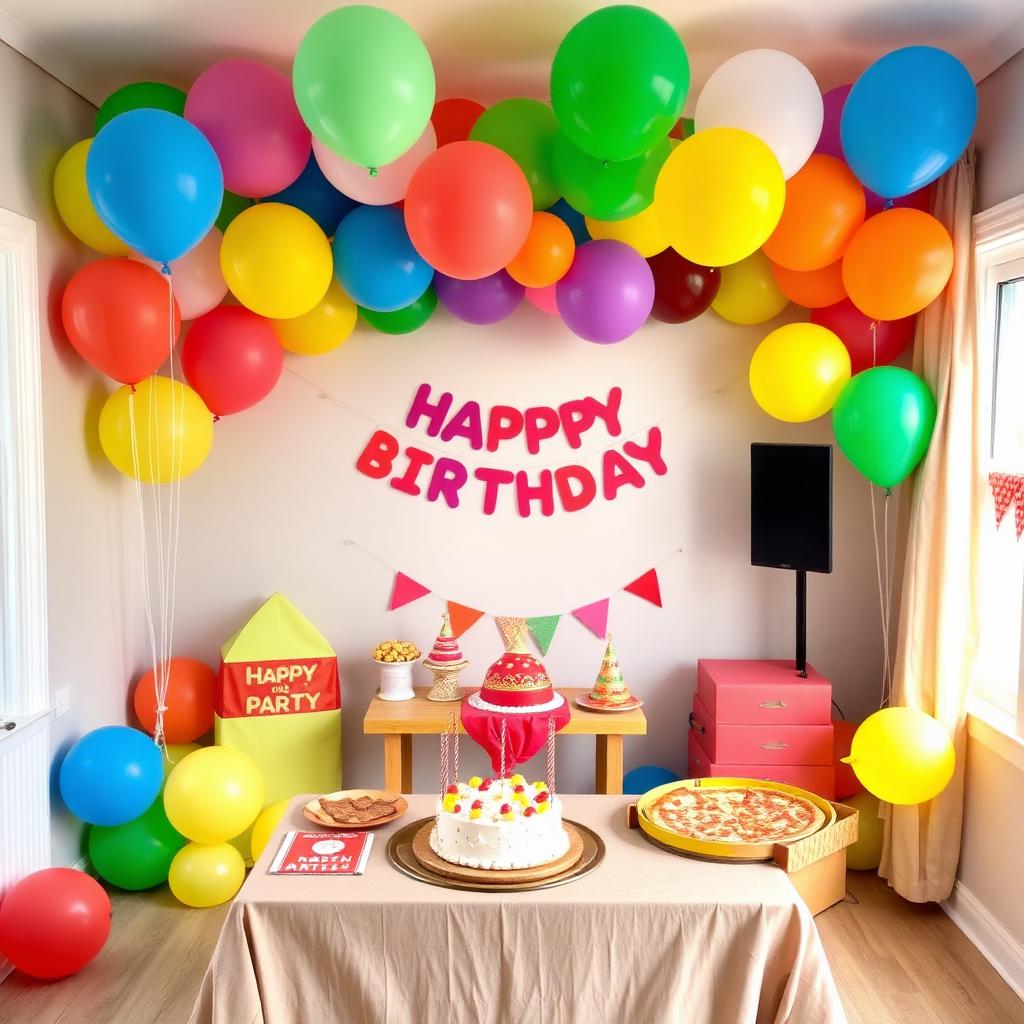 Birthday party room with balloons and cake