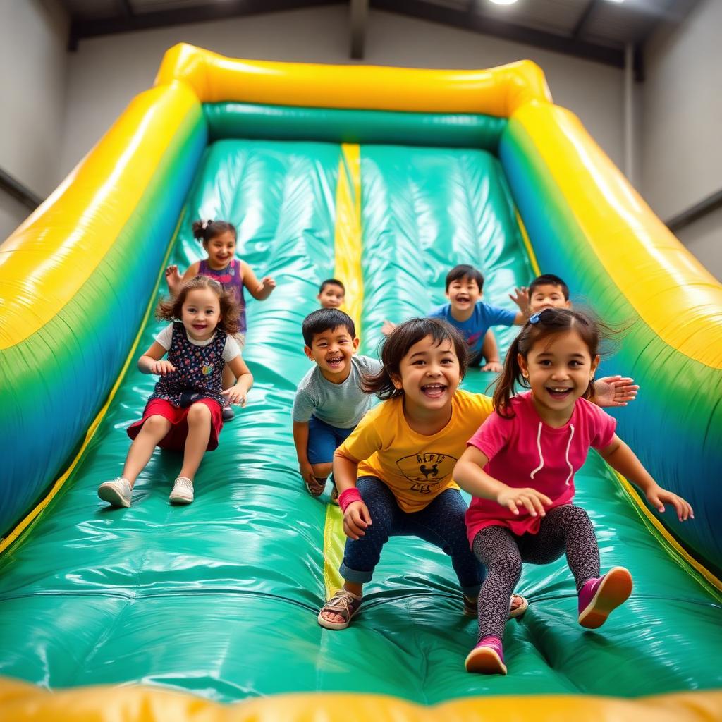 Kids sliding down a giant inflatable